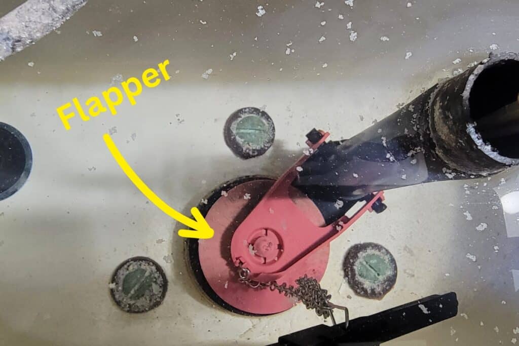 Image showing where to identify a toilet's flapper to help diagnose a toilet with water on the floor.