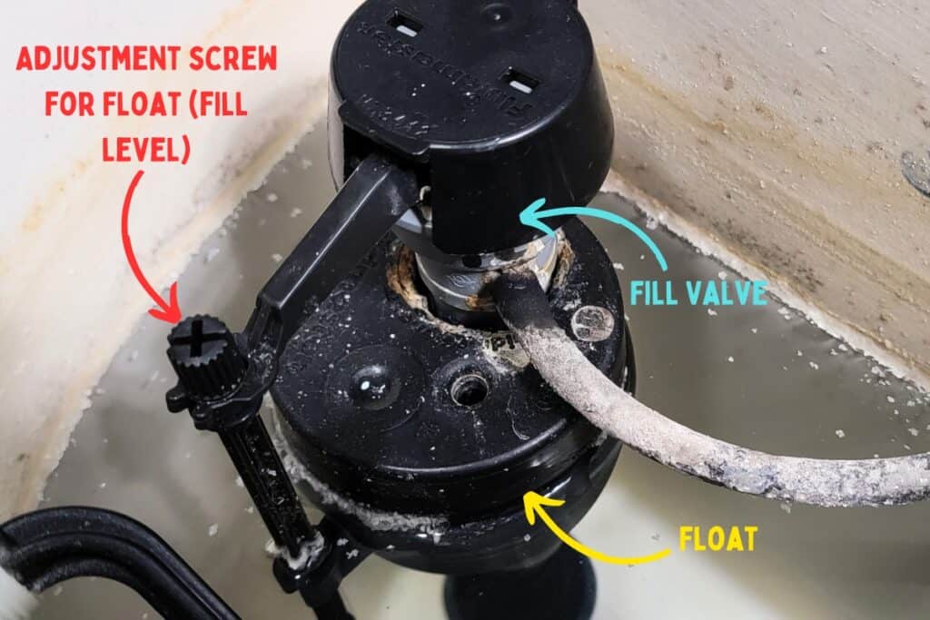 Image showing the components of a toilet's float, the arm, the fill valve, and the adjustment screw for making repairs to an overflowing toilet with no clog.