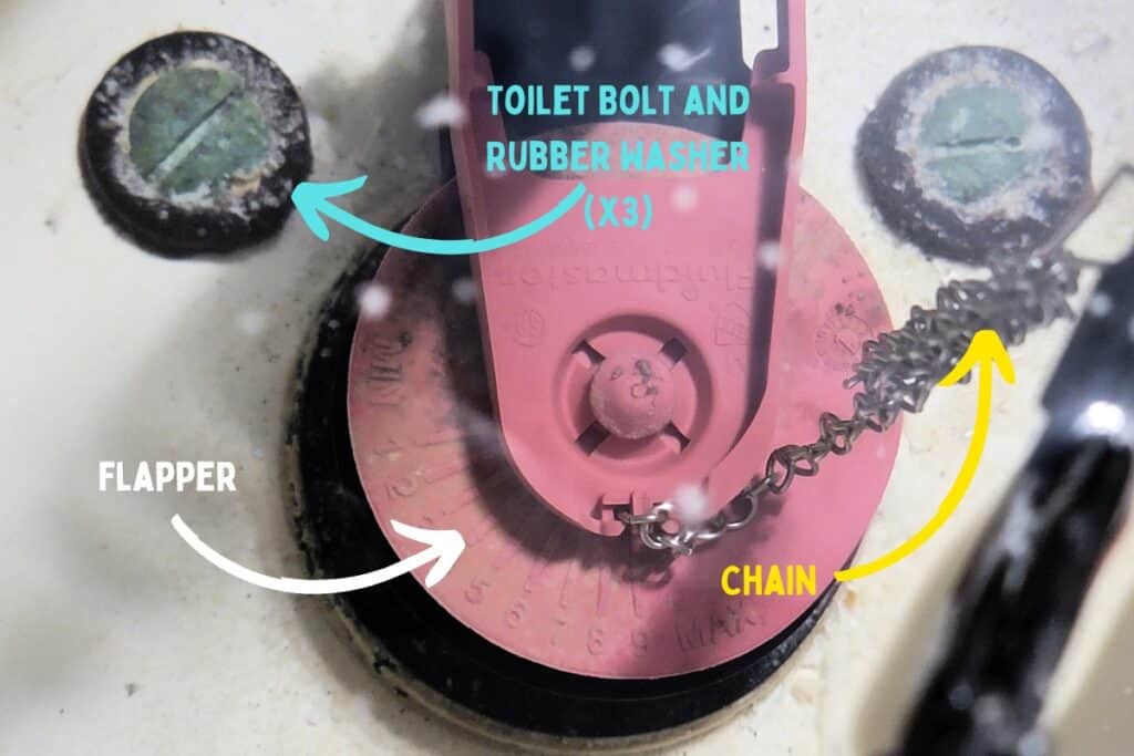 image with arrows showing where to locate the toilet bolts, the chain, and the flapper inside the toilet tank to repair a tank that won't hold water.