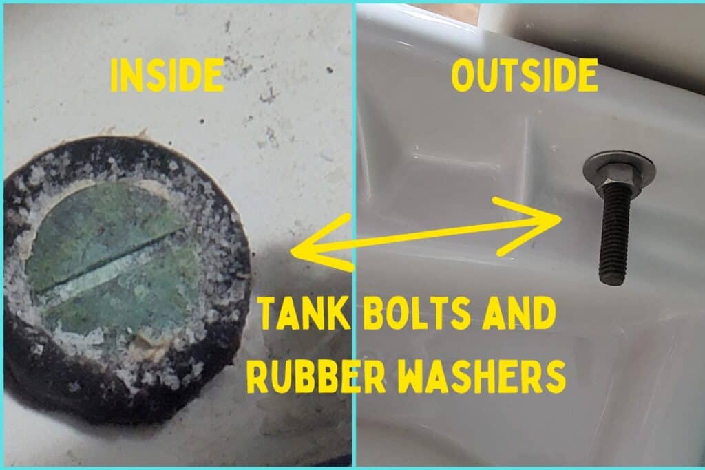 Image showing toilet tank bolts that may need their rubber washers replaced if there is a leak from the bottom of the tank and it won't hold water.