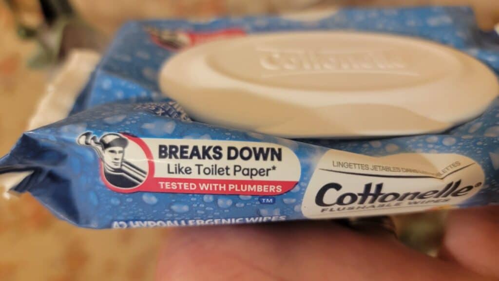 Image of Cottonelle Fluahable Wipes which actually break down like toilet paper and are approved by plumbers.