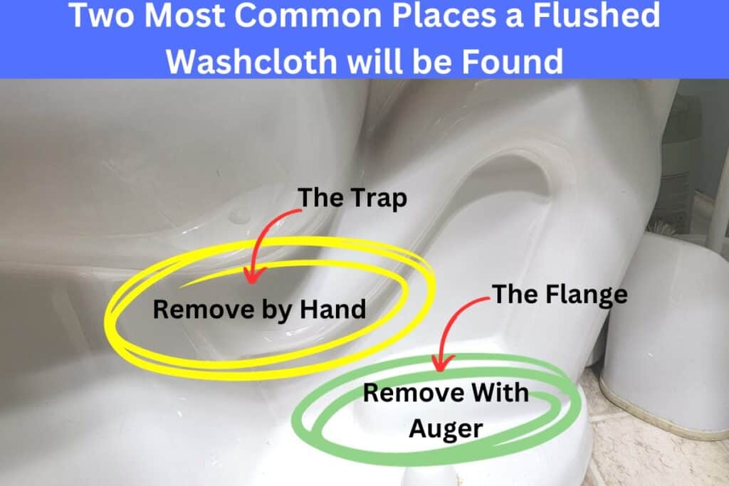 cross section diagram of a toilet showing where the two most likely places are that a flushed washrag will get clogged and stuck.